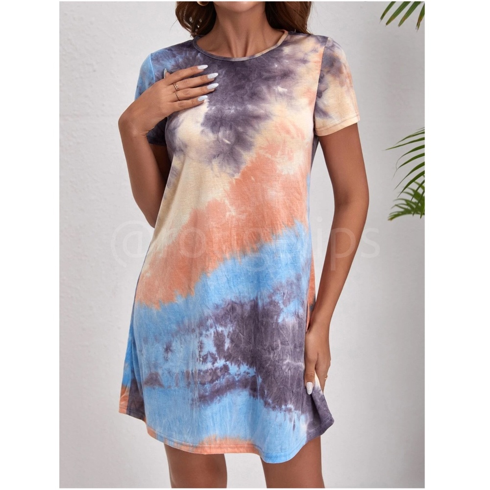 Tie Dye Print Mini Tee Shirt Dress Short Sleeve Blue Orange A-Line - Picture 2 of 7